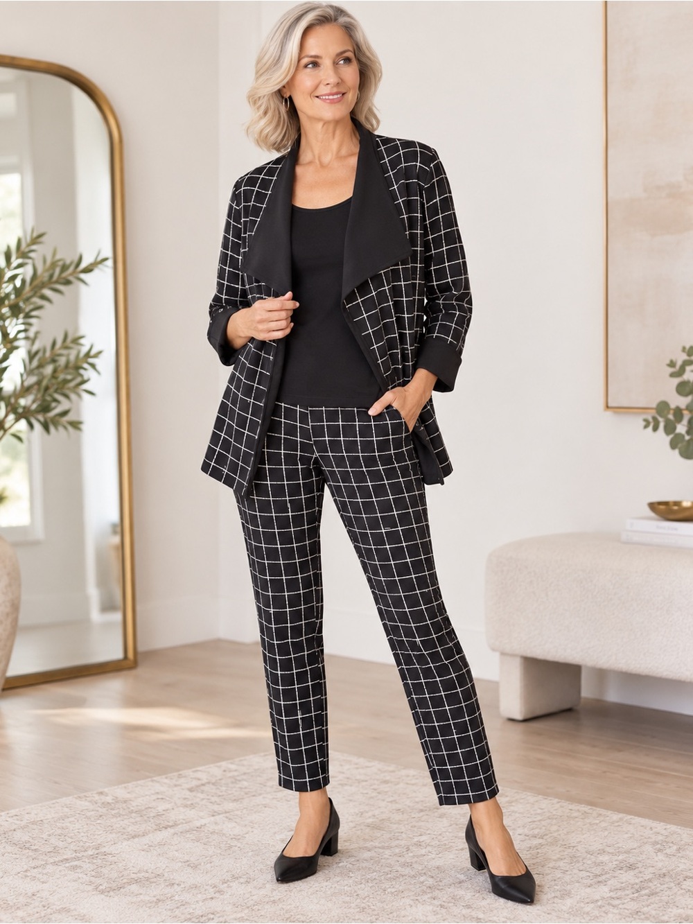 Sympli Black Windowpane Cropped Pants & Draped Jacket Size 10 Travel Stretch